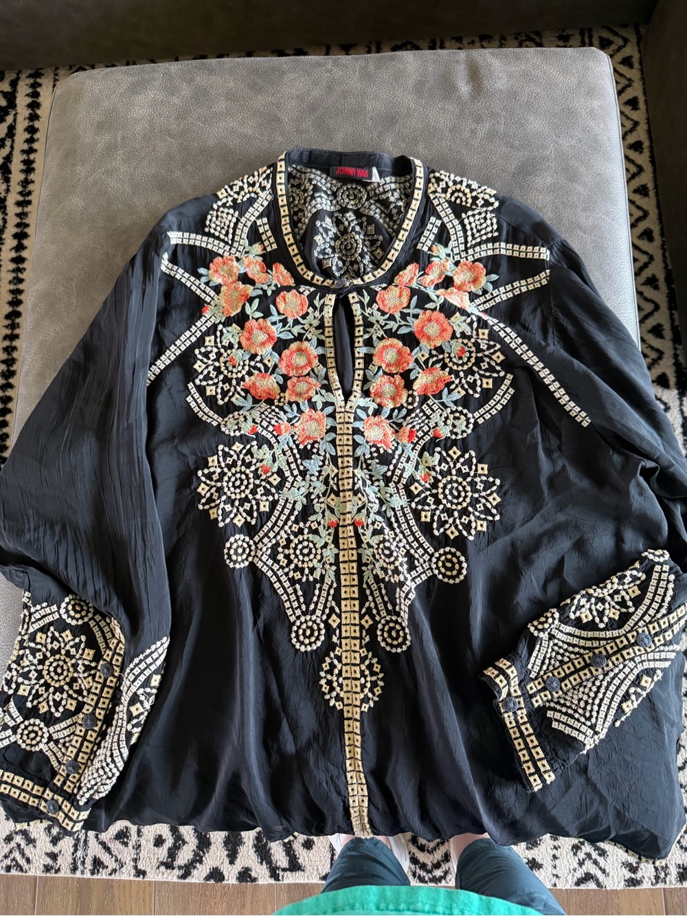 Johnny Was Black Blouse with Coral Floral Embroidery - Picture 4 of 8